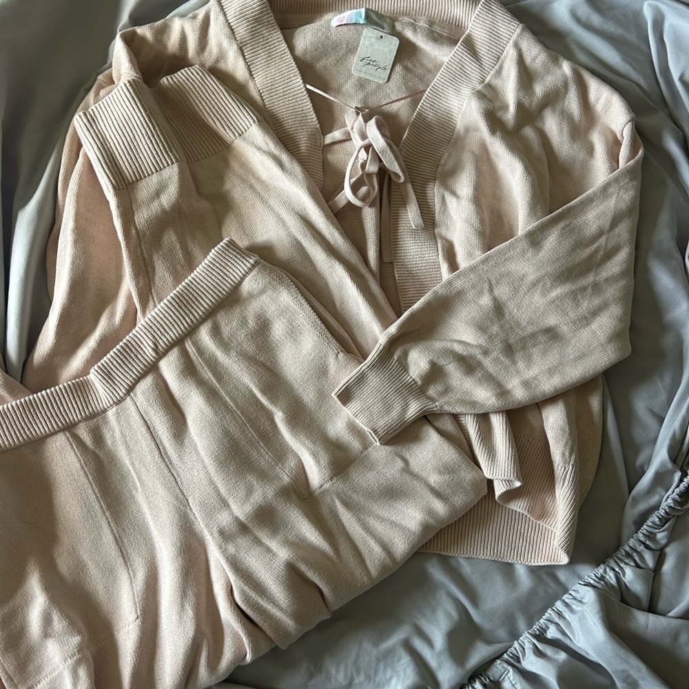 Free People Cream Knit Wide-Leg Pant & Cardigan Set - Picture 2 of 5